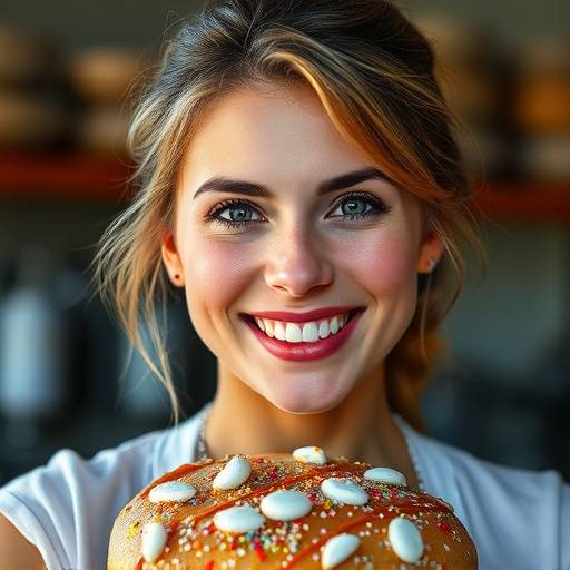 Retrato de Isabella Rossi, una experta en panadería internacional, con una expresión entusiasta.