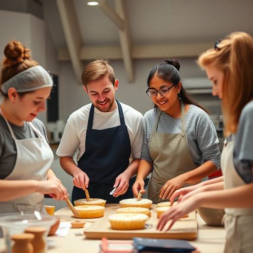 Un grupo de estudiantes trabajando juntos en una clase de panadería, mostrando la colaboración y aprendizaje conjunto.