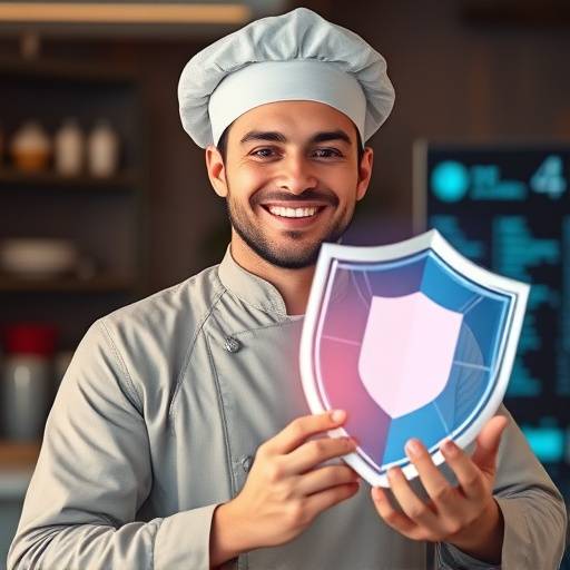 Un panadero sonriente sosteniendo un escudo que representa la protección de datos.